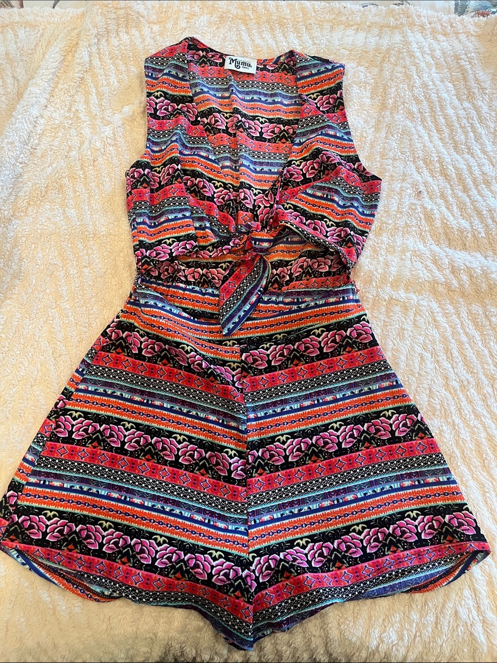 Show Me Your MuMu Multicolor Striped Floral/ boho Tie-Front Romper